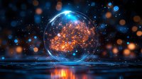 Glowing orange and blue energy sphere floating over reflective surface with magical bokeh lights in dark mystical background creates ethereal atmosphere.