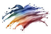 Vibrant watercolor paint splash with rainbow gradient flowing from blue to purple to orange, isolated on white background for creative design projects.