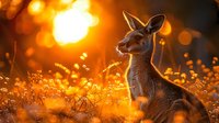 Wild kangaroo in golden meadow at sunset with bokeh lights and wildflowers creating magical atmosphere. Australian wildlife in natural habitat during magic hour.