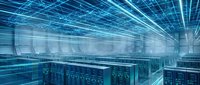 Data center server room with rows of equipment and digital network grid overlay, representing cloud computing, cybersecurity, and IT infrastructure technology.