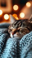 Sleeping tabby cat wrapped in cozy knitted blanket with warm bokeh lights in background, close-up portrait showing peaceful expression and whiskers.