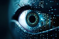 Futuristic cyber eye with digital circuit pattern overlay in dark blue tones, representing artificial intelligence and biometric scanning technology.
