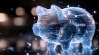 Digital wireframe piggy bank glowing with blue light against dark background with bokeh effect, representing financial technology and digital banking.