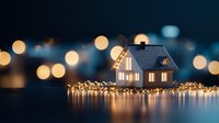 Miniature house model glowing with warm light against dark background with bokeh lights and fairy string decorations creating magical holiday atmosphere.