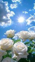 White roses blooming against bright sunny sky with fluffy clouds, ideal for spring and summer designs, greeting cards, and nature-themed projects.
