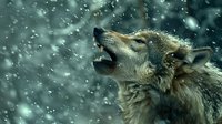 Gray wolf howling during snowfall with open mouth showing fangs, dramatic close-up portrait against blurred winter forest background in cold atmospheric setting.