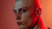 Young bald male model in dramatic red lighting against orange background, profile portrait showcasing strong facial features and intense gaze in modern studio setup.