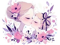 Tender mother and daughter portrait surrounded by pink and purple flowers, gentle faces in profile with closed eyes, delicate floral illustration in soft pastel colors.