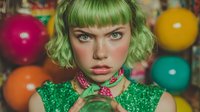 Young woman with vibrant green bob haircut and colorful makeup posing against festive balloon backdrop for creative portrait photography and fashion concepts.