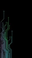 Digital circuit board pattern with glowing green and blue electronic pathways on black background for technology designs.
