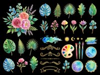 Watercolor botanical flowers, leaves, and art supplies isolated on transparent background, ready for t-shirt design, clipart, stickers, sublimation, and print-on-demand projects.