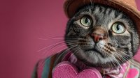 Adorable tabby cat wearing brown hat and bow tie against pink background, perfect for pet fashion, greeting cards, and marketing materials.