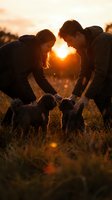 Young couple with small dog enjoying golden hour sunset outdoors creating heart shape with hands in warm romantic light for lifestyle photography.