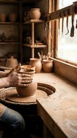 Potter hands shaping clay vessel on spinning wheel in traditional ceramic workshop with tools and pottery displayed on wooden shelves in warm natural light.