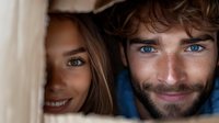 Close up portrait of young diverse couple smiling at camera. Mixed race woman and caucasian bearded man with blue eyes showing happiness and love.