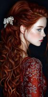 Young woman with flowing red curly hair and freckles in profile view, wearing vintage lace dress. Romantic portrait features delicate hair accessory and natural makeup against dark background.
