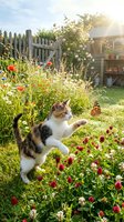 Playful tabby and white cat leaping among blooming wildflowers and red clover in sunny garden with wooden fence, shed, and butterfly. Perfect for pet, nature, and lifestyle content.