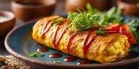 Golden fluffy omelet with fresh herbs and red sauce drizzle on rustic plate, gourmet breakfast dish perfect for culinary and restaurant marketing materials.