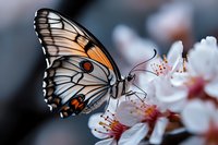 Butterfly with black and white striped wings and orange markings perched on delicate white flowers with red stamens, macro nature photography for wildlife and garden design projects.