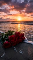 Red roses bouquet on beach sand during golden sunset with dramatic clouds and ocean waves for romantic occasions and love concepts.