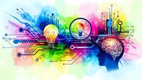 Creative innovation concept with human brain silhouette, glowing lightbulbs and digital circuit patterns on vibrant watercolor background for tech design.