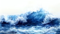 Dramatic ocean waves in deep blue and white colors crash and surge with dynamic movement and foam spray against light sky background.
