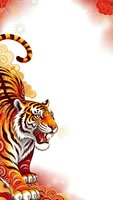 Fierce tiger with ornate decorative elements and fireworks on gradient background for Chinese New Year celebrations and Asian cultural designs.