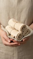 Hands holding stack of natural beige cotton mesh produce bags with drawstring closure for zero waste eco-friendly grocery shopping and sustainable living.
