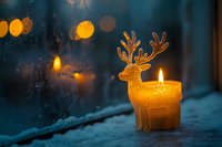 Glowing reindeer lantern on snowy windowsill against dark winter evening with bokeh lights creates cozy festive atmosphere for Christmas and holidays.