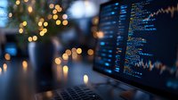 Computer screen displaying programming code with blurred bokeh lights in background, creating atmospheric night workspace setup for software development.