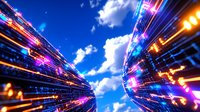 Futuristic digital light trails against blue sky with white clouds, creating dynamic motion effect with neon pink, purple and orange streaks converging to center point.