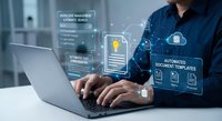 Professional businessman working on laptop with digital automation interface displaying document management and workflow optimization icons in modern office environment.