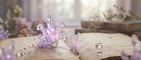Amethyst crystal cluster on open book pages with healing stones and dried flowers in soft natural light for spiritual meditation and wellness practices.