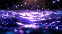 Magical purple and blue glowing particles form abstract landscape with bokeh light effects and sparkles, creating dreamy cosmic atmosphere for background designs.