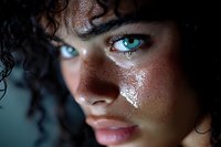 Young woman with striking blue eyes, freckles, and curly dark hair in dramatic lighting. Closeup portrait showing glowing skin and natural beauty in moody atmosphere.