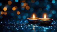 Glowing diya lamps against dark blue bokeh background with golden lights, creating atmospheric mood for Diwali celebration or spiritual ceremony.