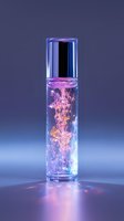 Magical glowing glass bottle with swirling pink and blue luminescent liquid inside on dark background, creating ethereal light reflections and mystical atmosphere.