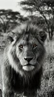 Majestic male lion portrait with intense amber eyes in black and white photography showcasing wild African safari wildlife in natural savanna habitat.
