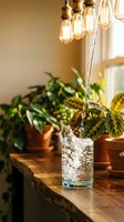 Fresh water pouring into glass on wooden table with houseplants and warm Edison bulb lighting creating cozy home atmosphere for hydration wellness.