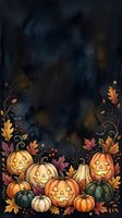 Watercolor autumn border with carved jack-o-lantern pumpkins, fall foliage, stars, and decorative swirls on dark background. Seasonal design for Halloween and autumn projects.