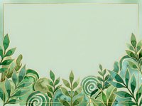 Watercolor botanical border with green foliage and spiral leaf motifs on soft sage background, isolated design element suitable for invitations, stationery, and digital projects.