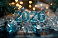 Glass numbers 2026 with turquoise glow on festive background with bokeh lights, silver tinsel and pine branches creating magical holiday atmosphere.