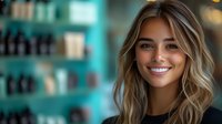 Young woman with wavy blonde hair and bright smile against blurred turquoise background of retail shelves, creating warm welcoming atmosphere.
