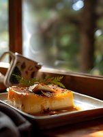 Homemade caramel flan dessert with golden syrup sauce garnished with fresh herbs on rustic ceramic plate, soft natural window lighting creates appetizing mood.