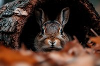 Curious wild rabbit peeks out from hollow log shelter in autumn forest, close-up portrait showing detailed fur and alert expression among fallen leaves.