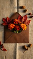 Autumn flat lay with brown envelope, orange marigolds, red fall leaves, and acorns on linen background for seasonal greeting cards.