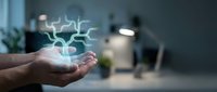 Glowing neural network hologram floating above open palm in modern office environment, representing artificial intelligence, innovation, and digital technology solutions.