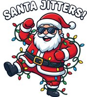Cool Santa Claus with sunglasses tangled in colorful Christmas lights on white background. Funny holiday character for festive designs and seasonal projects.