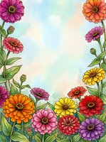 Watercolor zinnia garden border with colorful blooms in pink, orange, yellow, red and purple, framing a soft sky background with copy space.