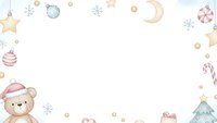 Watercolor Christmas frame with teddy bear, ornaments, candy canes, stars and snowflakes on white background for holiday greeting cards and festive designs.